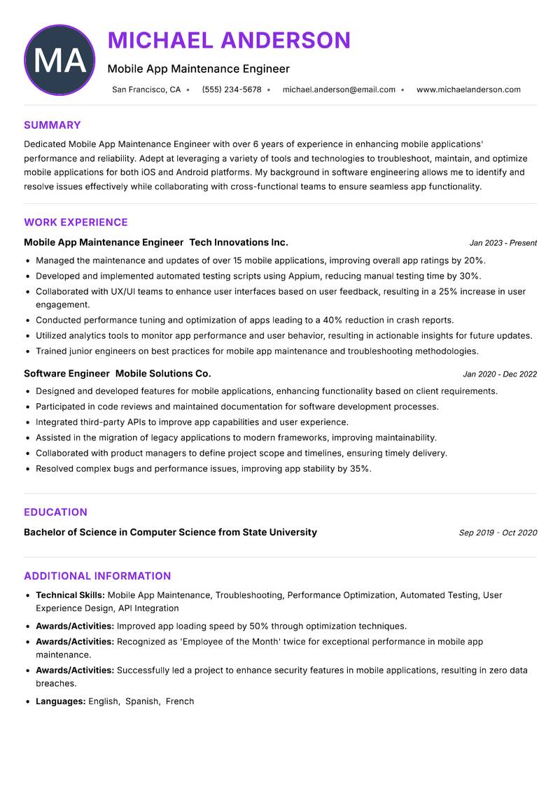 Mobile App Maintenance Engineer resume example — ATS-friendly template