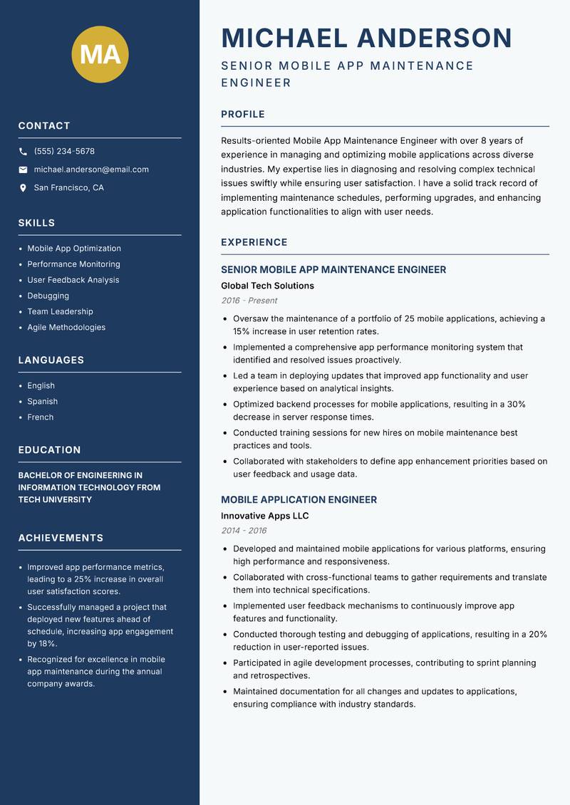 Mobile App Maintenance Engineer resume template — Classic Clean