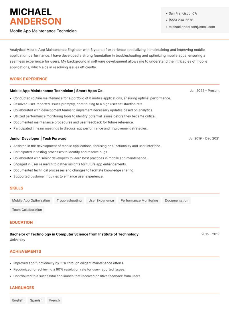 Mobile App Maintenance Engineer resume template — Modern Professional