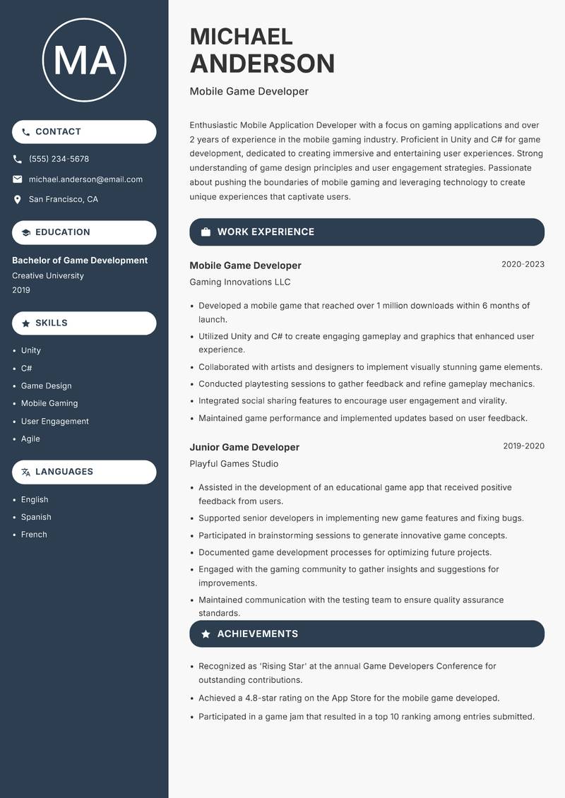 Mobile Application Developer resume template — Compact