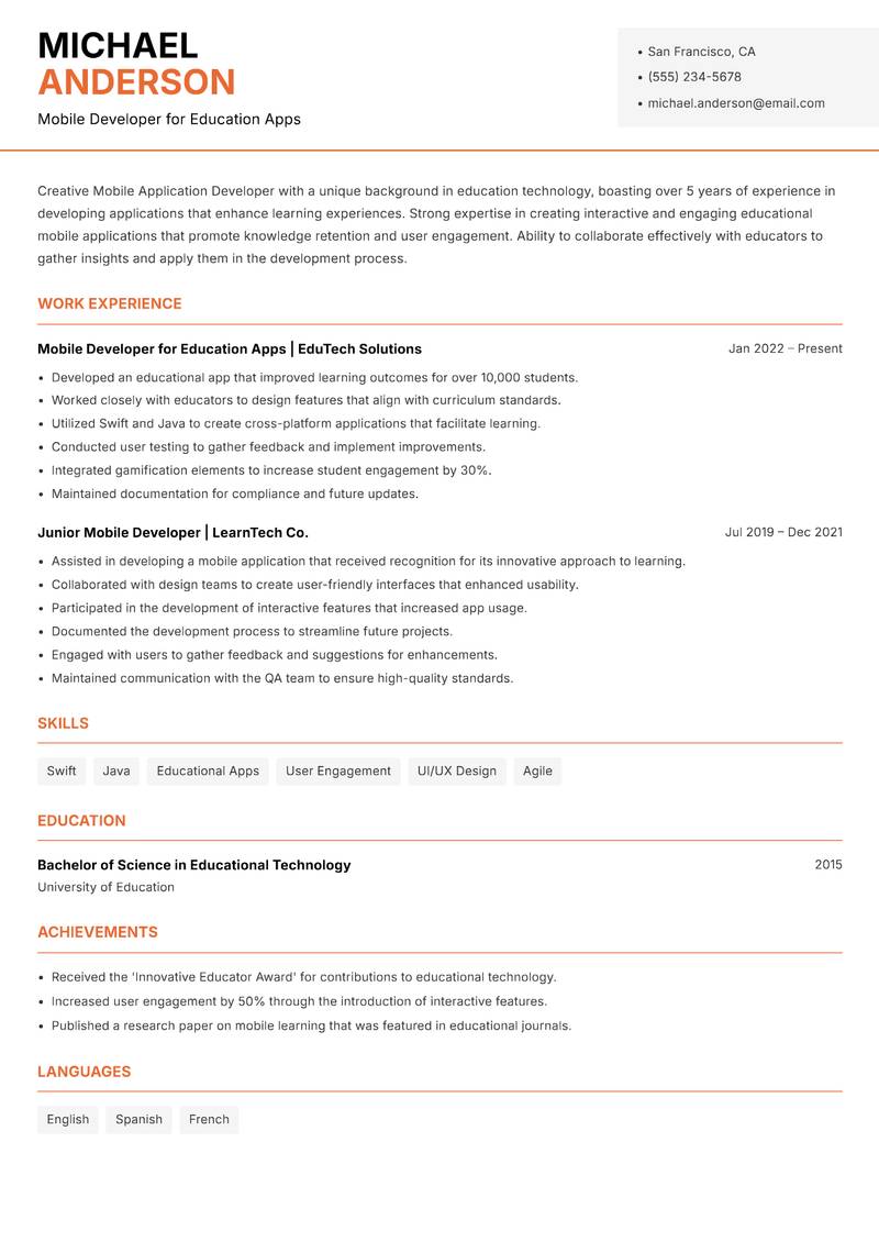 Mobile Application Developer resume template — Modern Professional