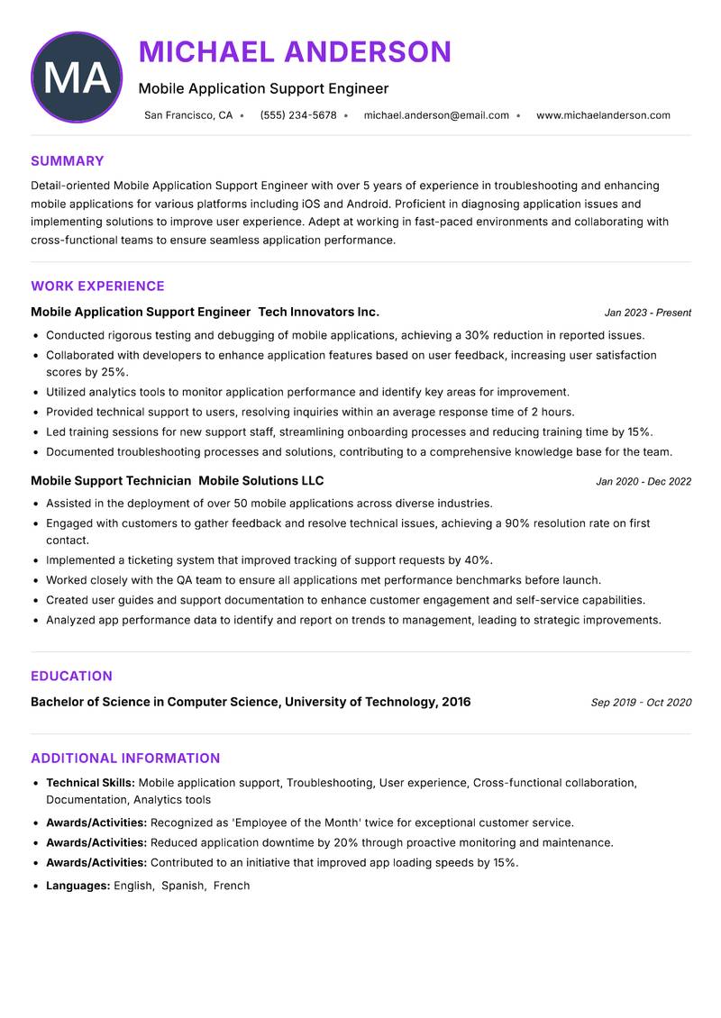 Mobile Application Support Engineer resume example — ATS-friendly template
