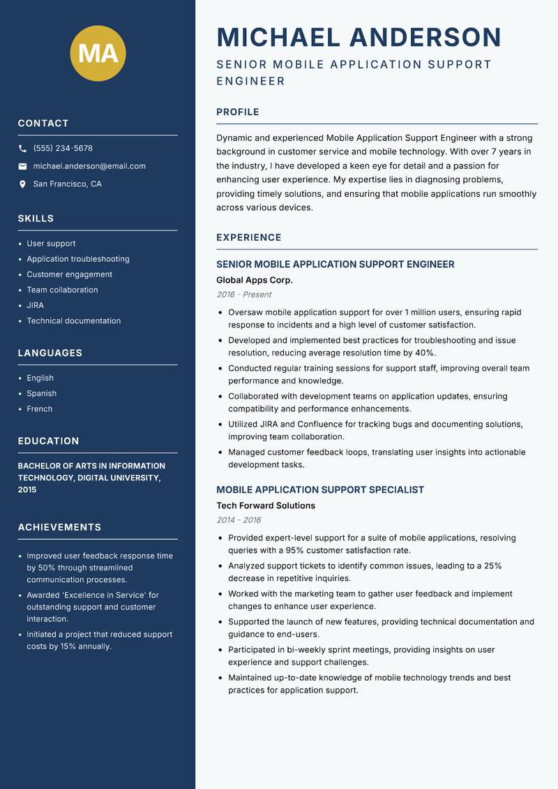 Mobile Application Support Engineer resume template — Classic Clean