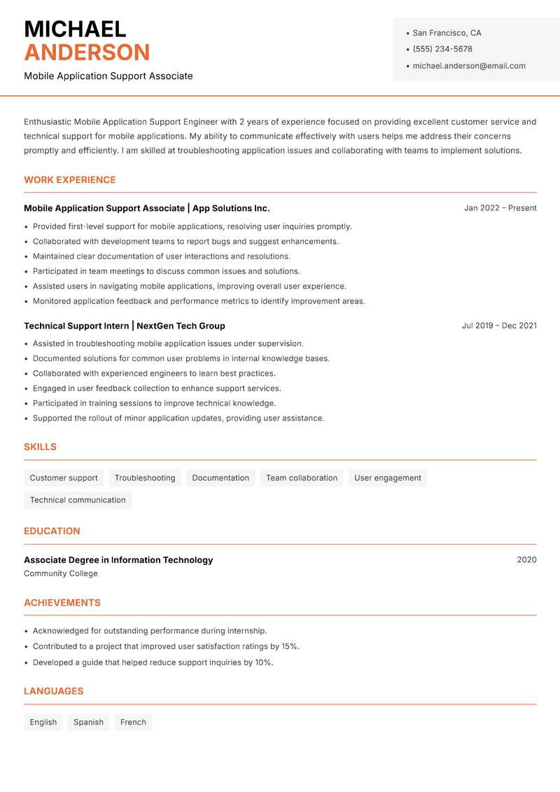 Mobile Application Support Engineer resume template — Modern Professional
