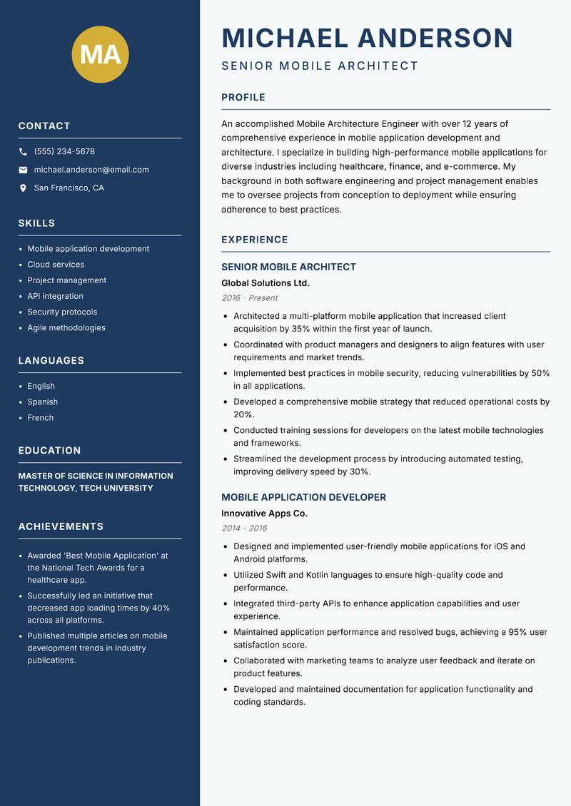 Mobile Architecture Engineer resume template — Classic Clean