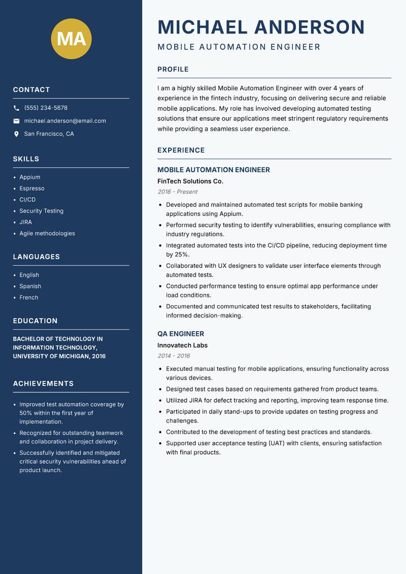Mobile Automation Engineer resume template — Classic Clean