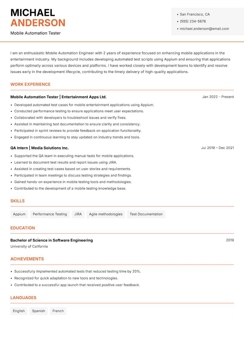 Mobile Automation Engineer resume template — Modern Professional