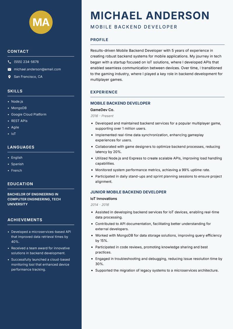 Mobile Backend Developer resume template — Classic Clean