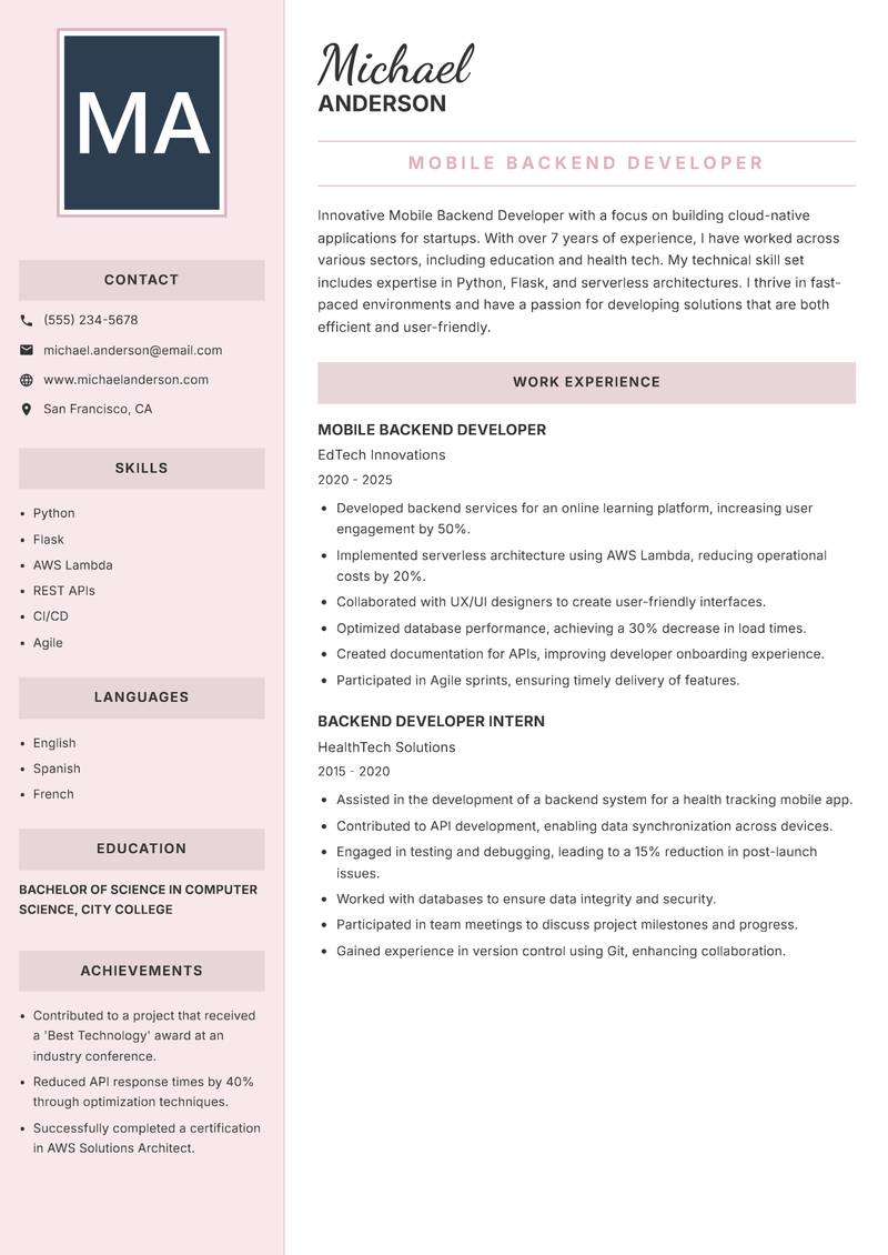 Mobile Backend Developer resume template — Executive