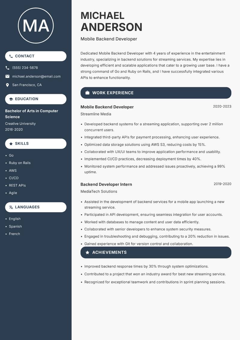 Mobile Backend Developer resume template — Compact
