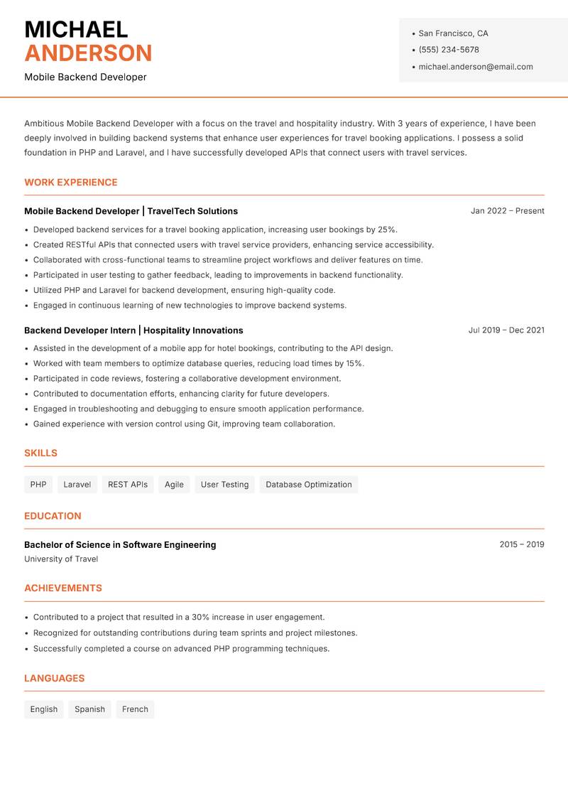 Mobile Backend Developer resume template — Modern Professional