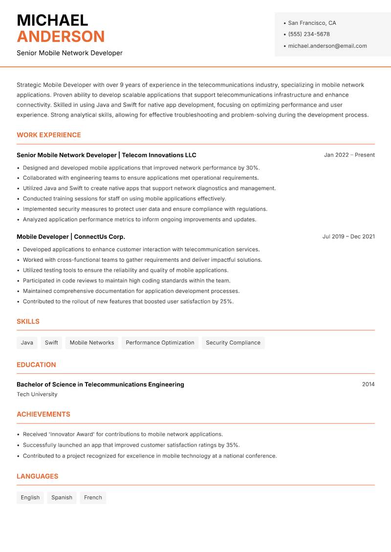 Mobile Developer resume template — Modern Professional