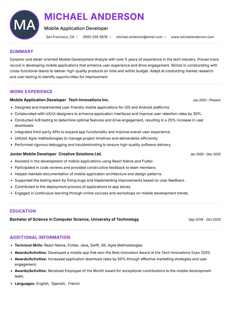 Mobile Development Analyst resume example — ATS-friendly template