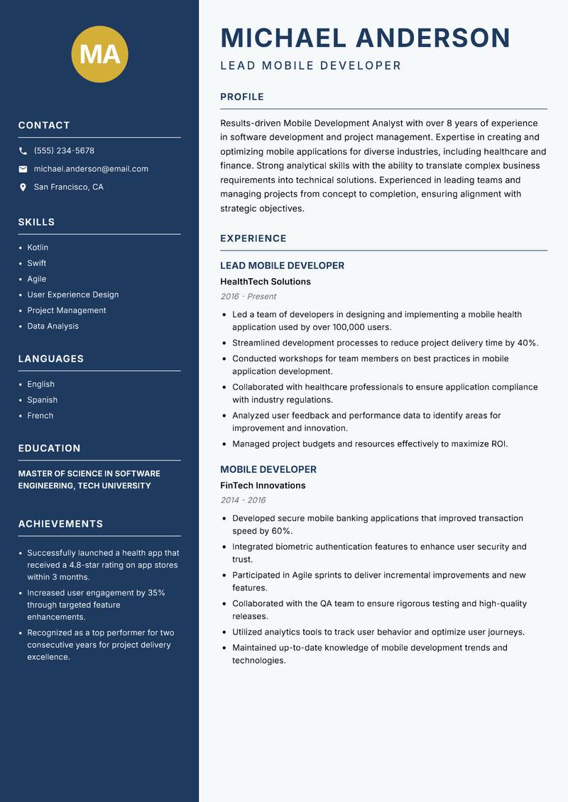 Mobile Development Analyst resume template — Classic Clean