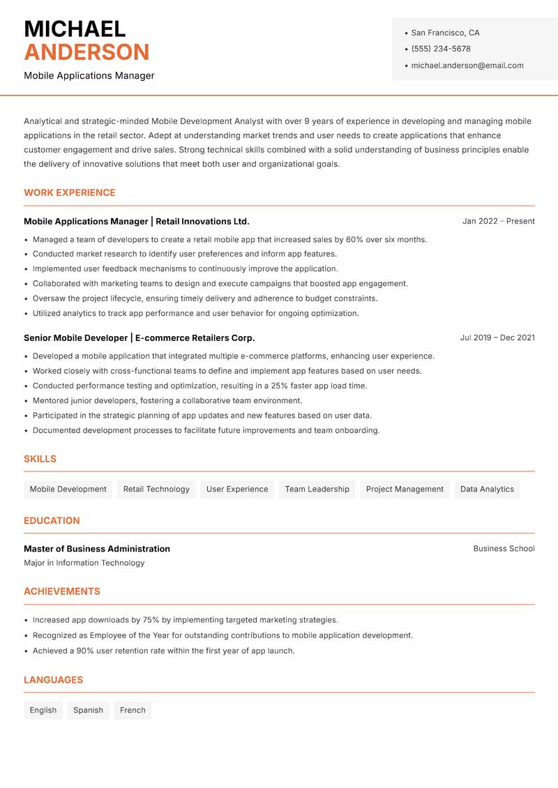 Mobile Development Analyst resume template — Modern Professional