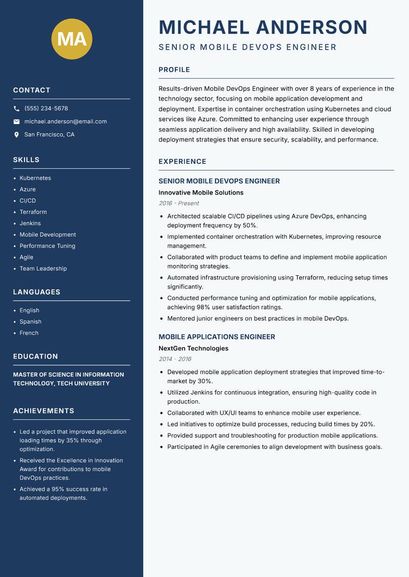 Mobile DevOps Engineer resume template — Classic Clean