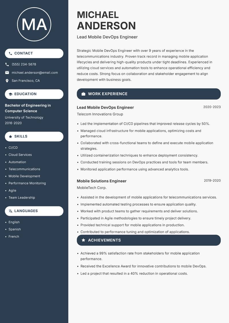 Mobile DevOps Engineer resume template — Compact