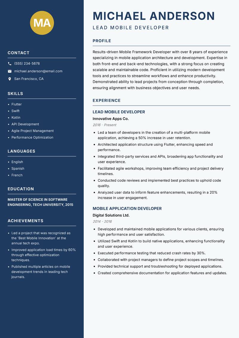 Mobile Framework Developer resume template — Classic Clean