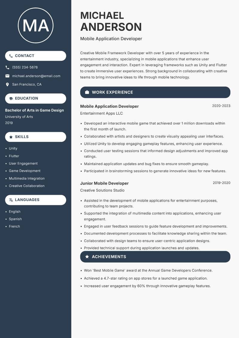 Mobile Framework Developer resume template — Compact