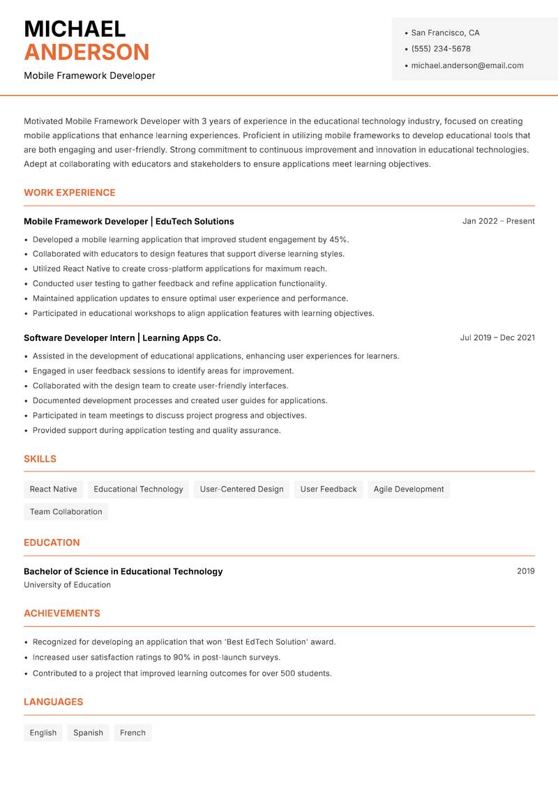 Mobile Framework Developer resume template — Modern Professional
