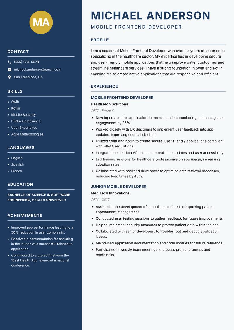 Mobile Frontend Developer resume template — Classic Clean