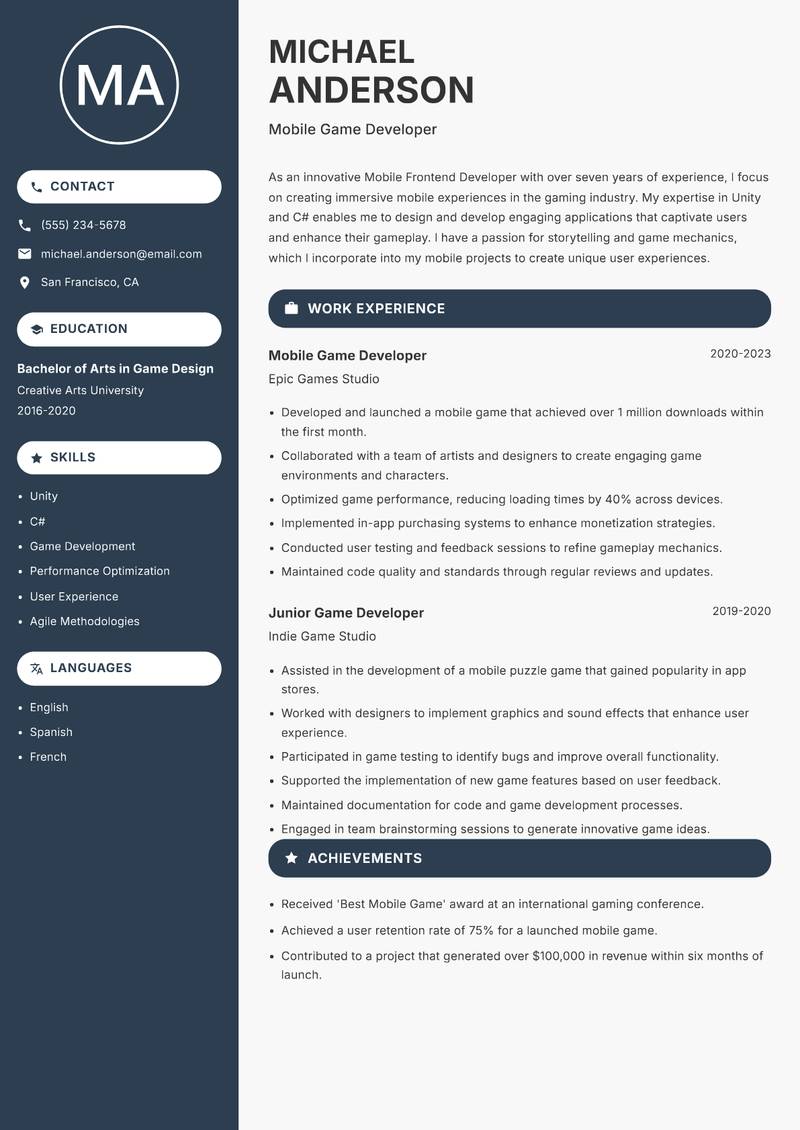 Mobile Frontend Developer resume template — Compact