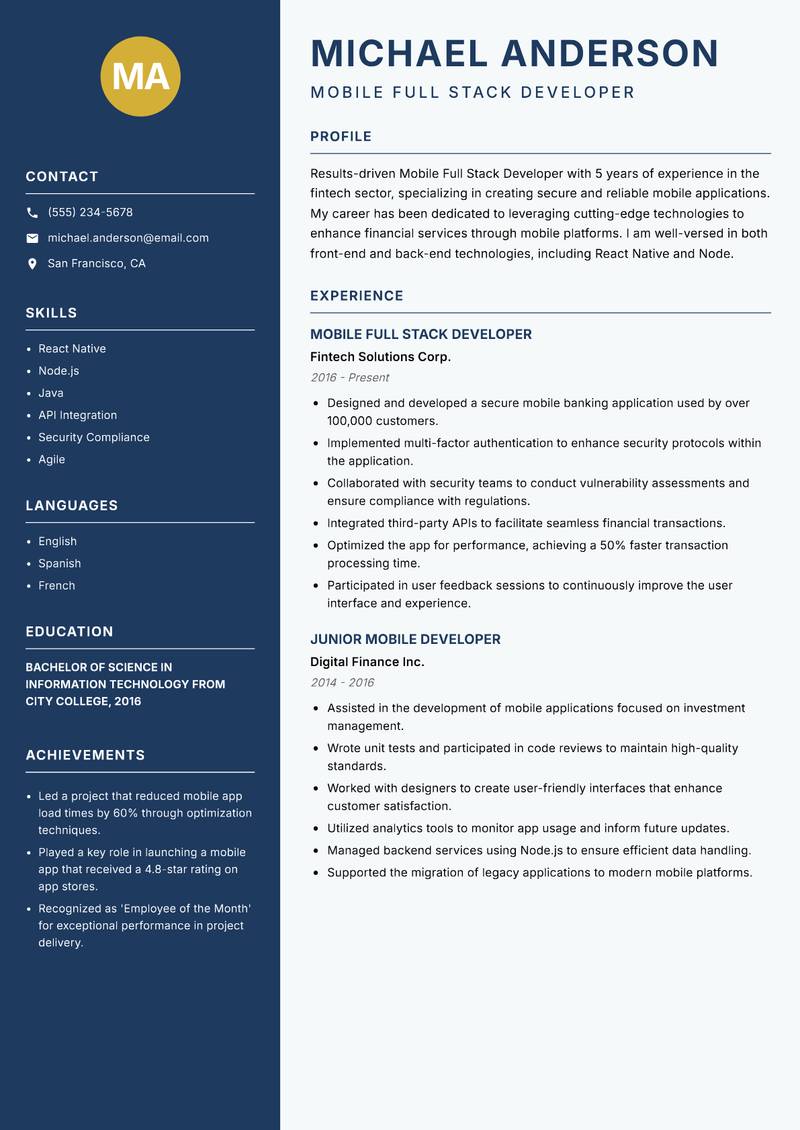 Mobile Full Stack Developer resume template — Classic Clean