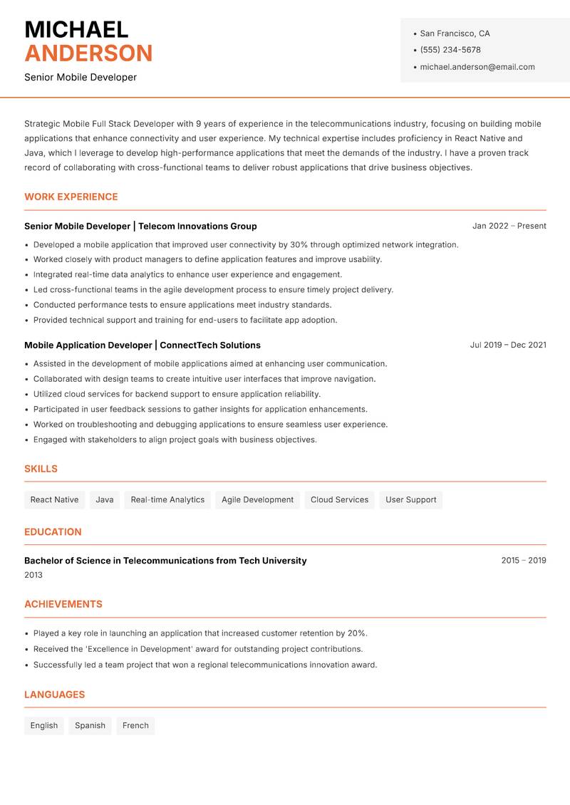 Mobile Full Stack Developer resume template — Modern Professional