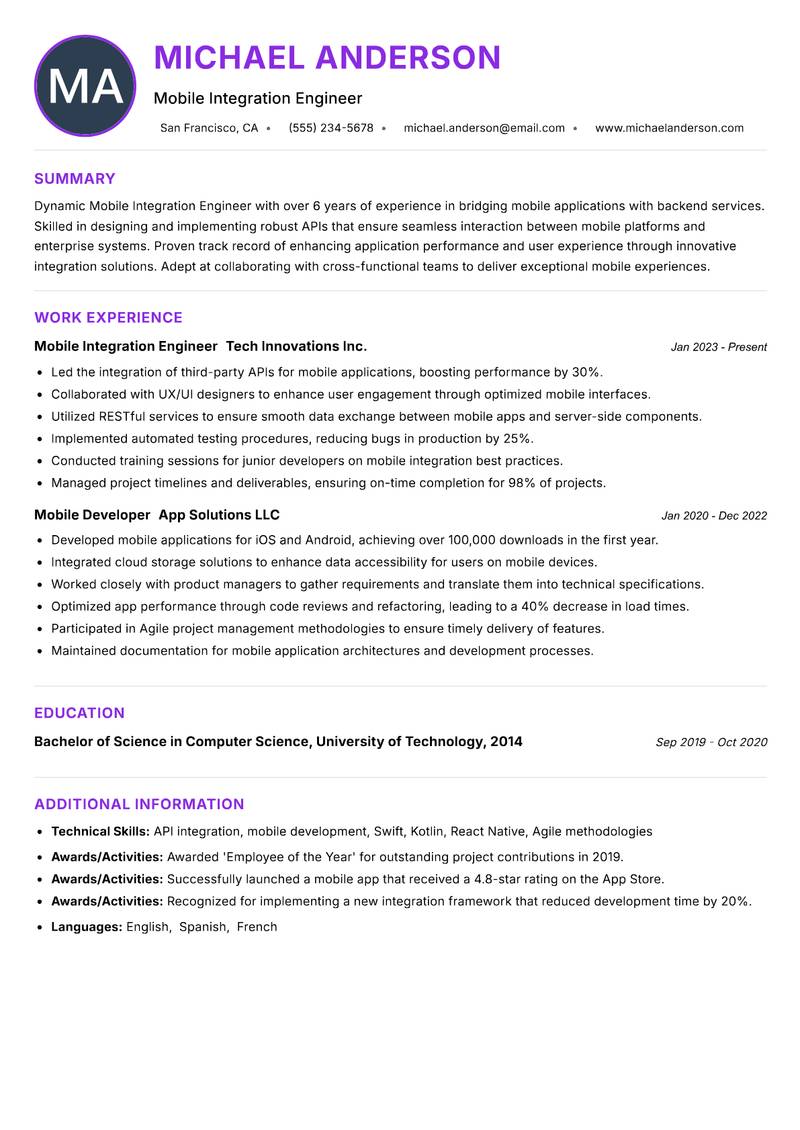 Mobile Integration Engineer resume example — ATS-friendly template