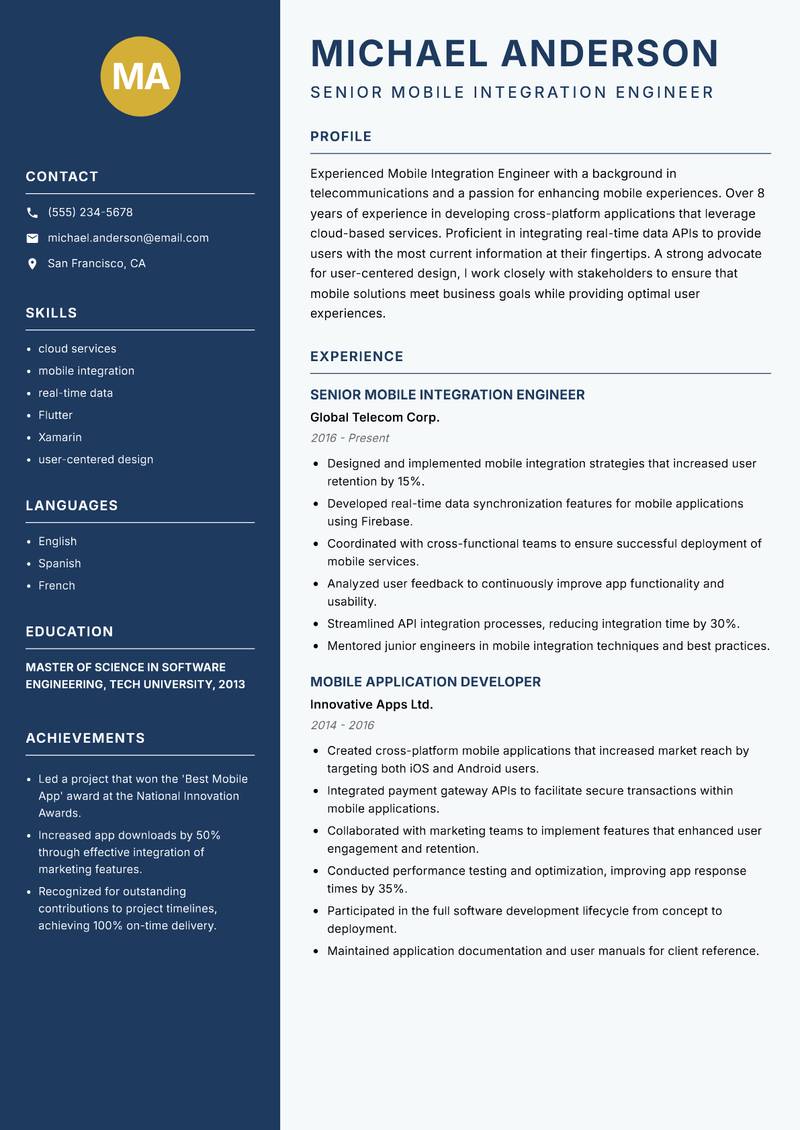 Mobile Integration Engineer resume template — Classic Clean