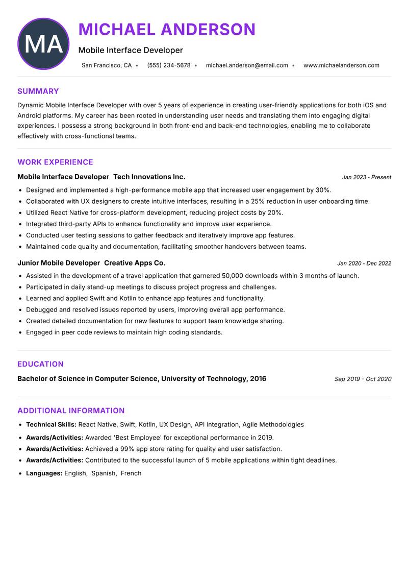 Mobile Interface Developer resume example — ATS-friendly template