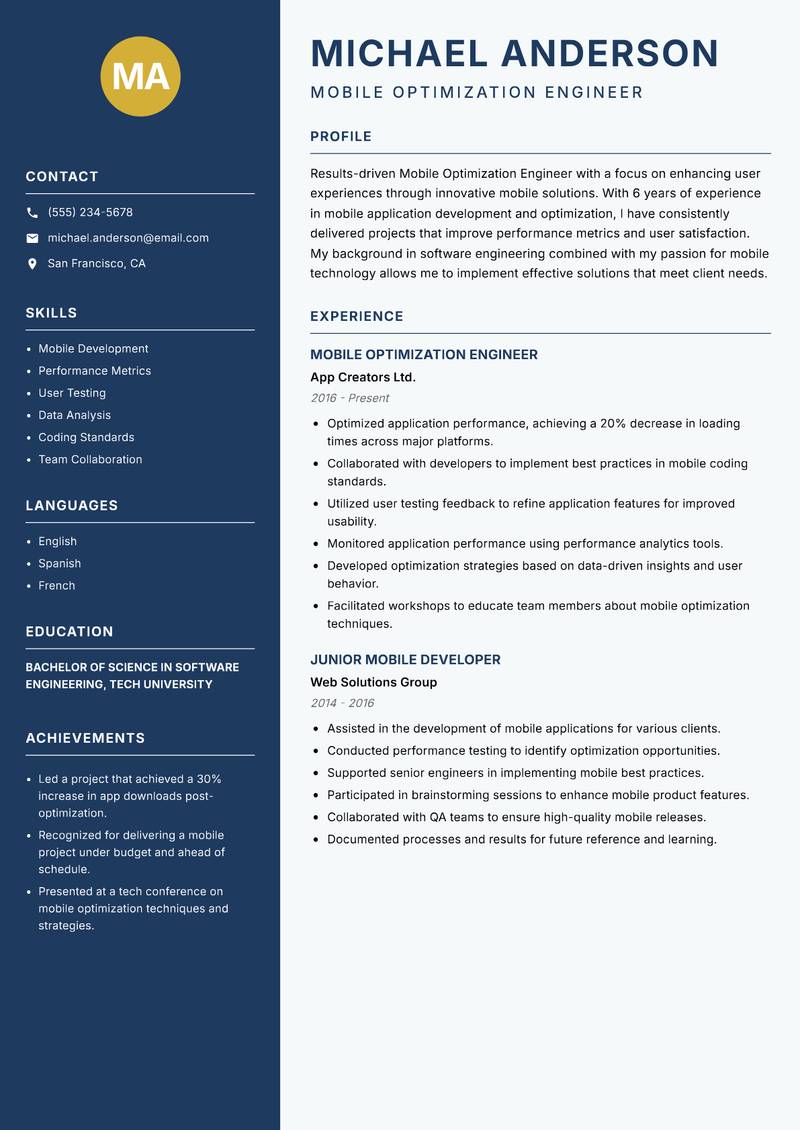 Mobile Optimization Engineer resume template — Classic Clean