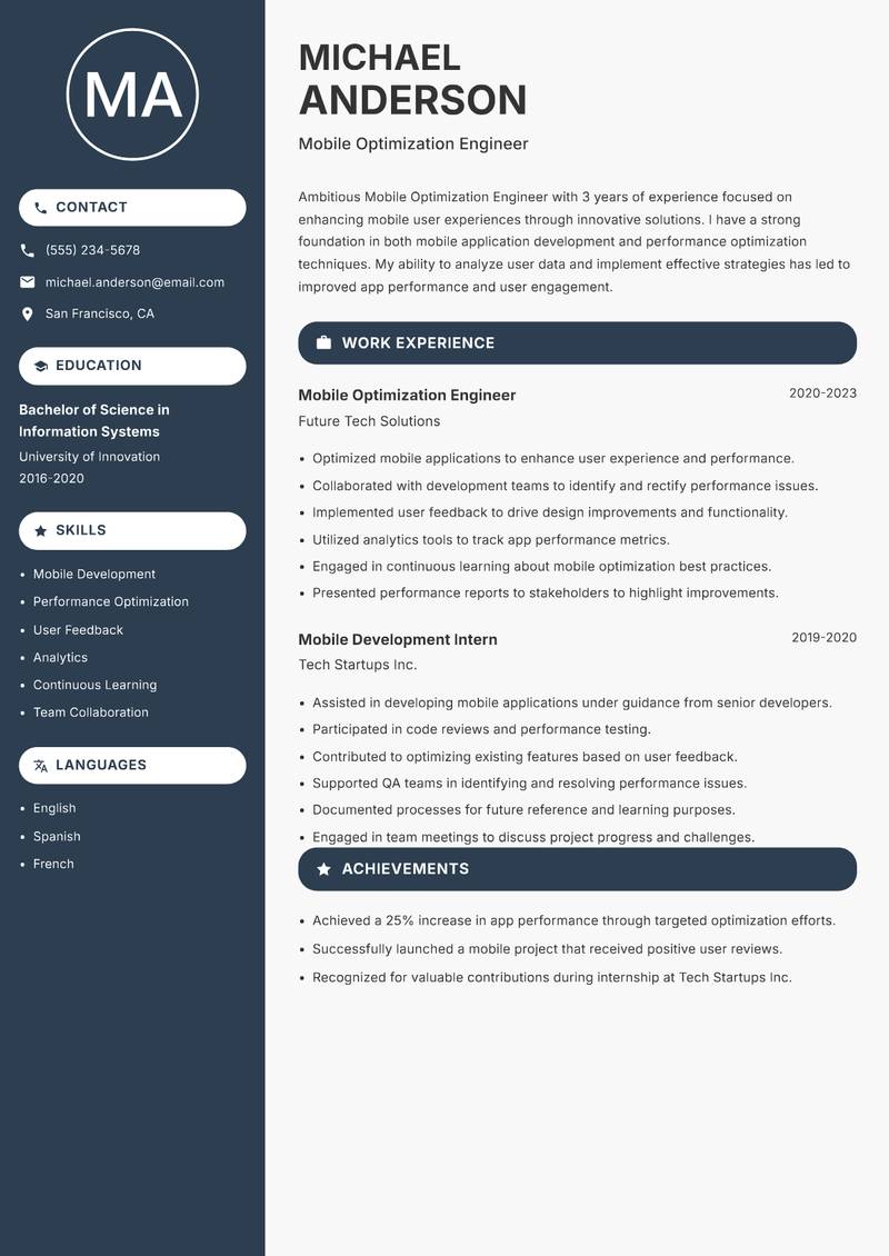 Mobile Optimization Engineer resume template — Compact