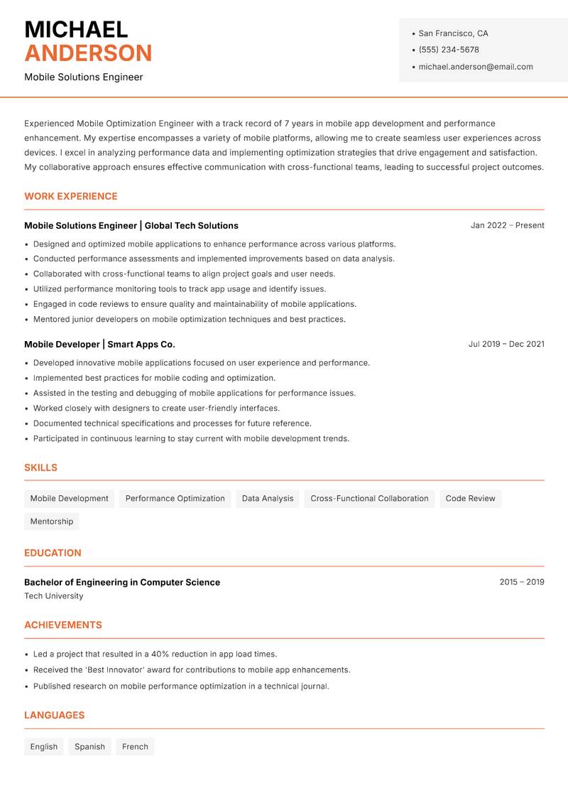 Mobile Optimization Engineer resume template — Modern Professional