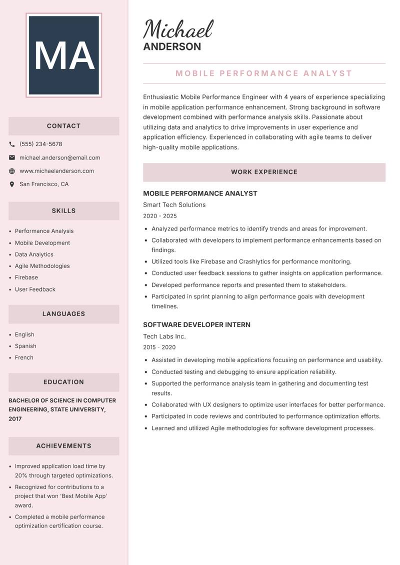 Mobile Performance Engineer resume template — Executive