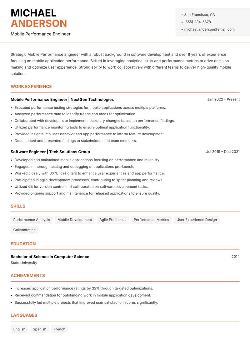 Mobile Performance Engineer resume template — Modern Professional