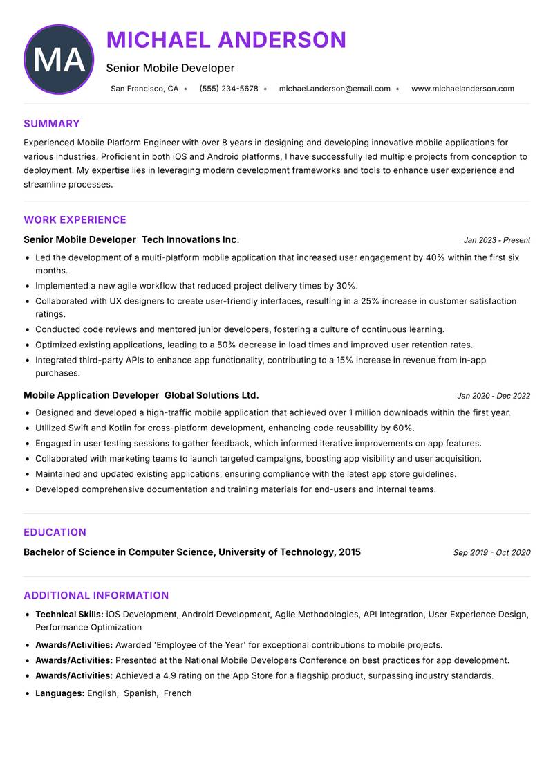 Mobile Platform Engineer resume example — ATS-friendly template