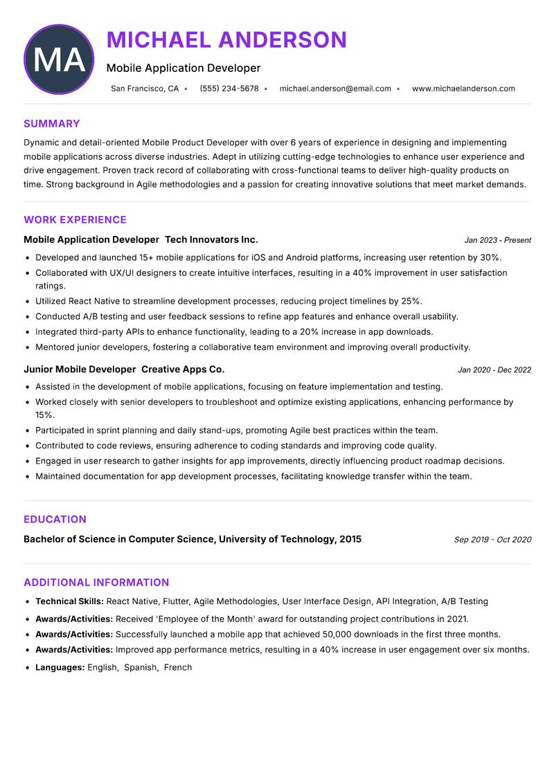 Mobile Product Developer resume example — ATS-friendly template