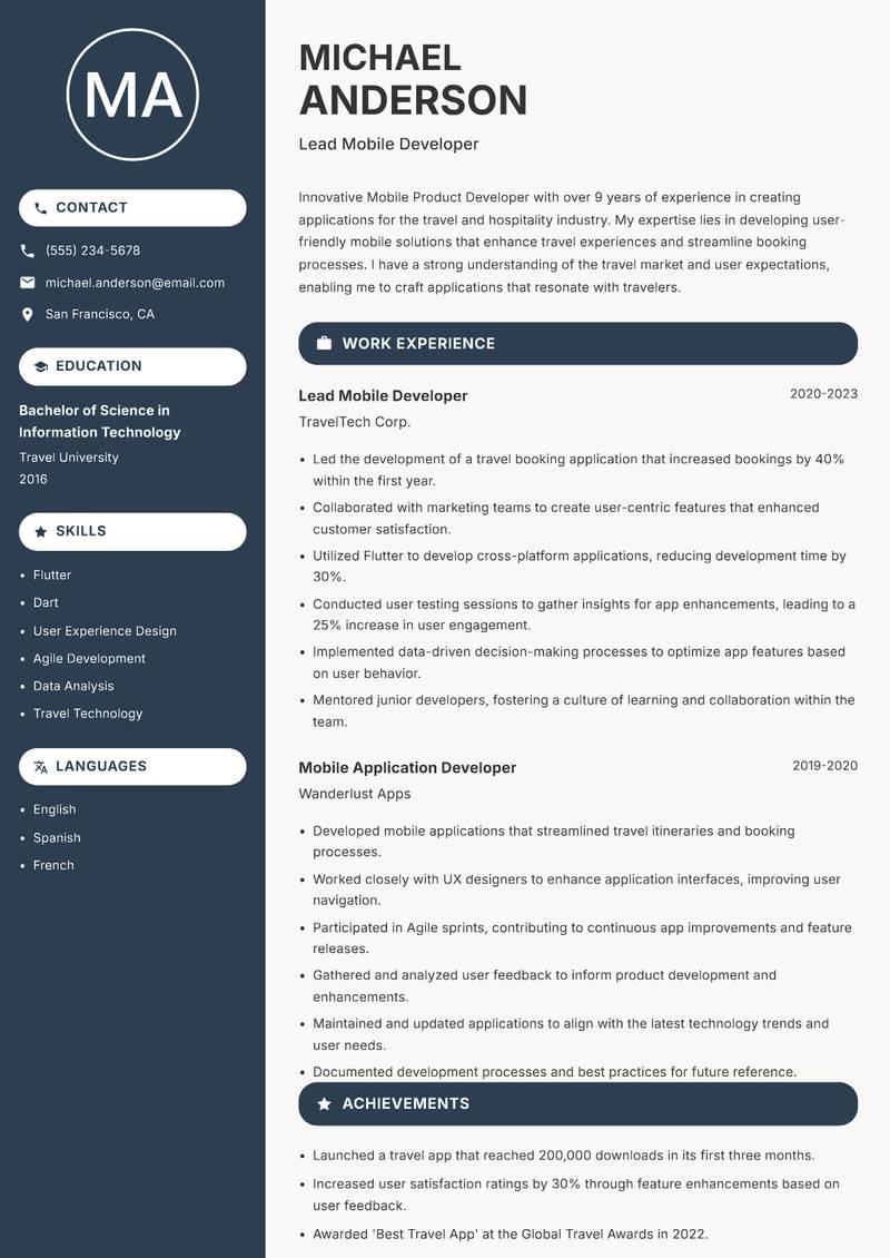 Mobile Product Developer resume template — Compact
