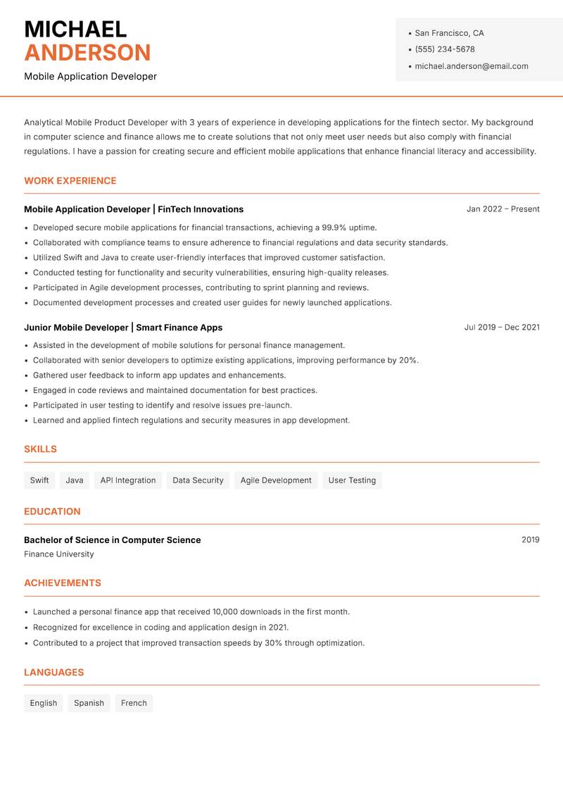 Mobile Product Developer resume template — Modern Professional