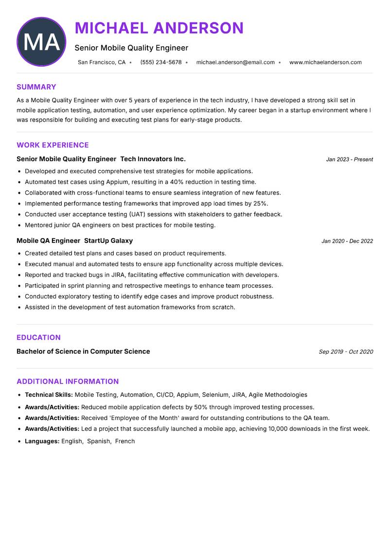 Mobile Quality Engineer resume example — ATS-friendly template