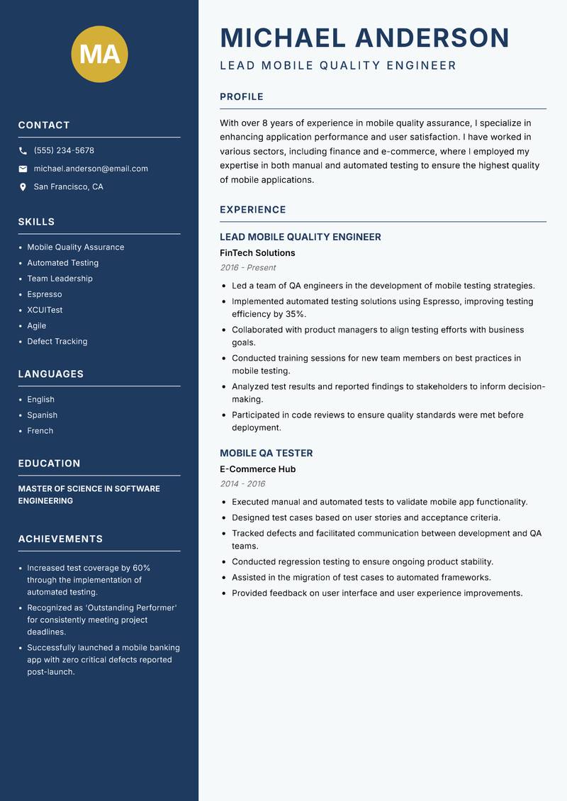 Mobile Quality Engineer resume template — Classic Clean