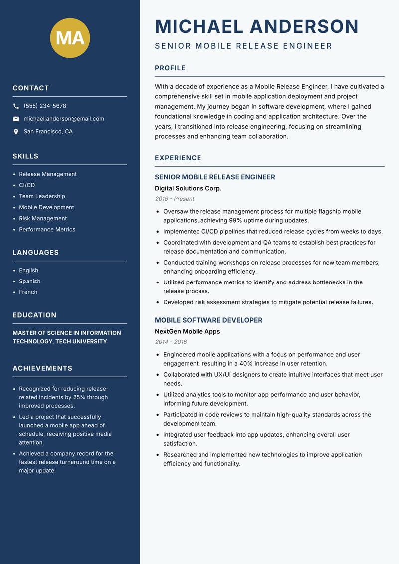 Mobile Release Engineer resume template — Classic Clean