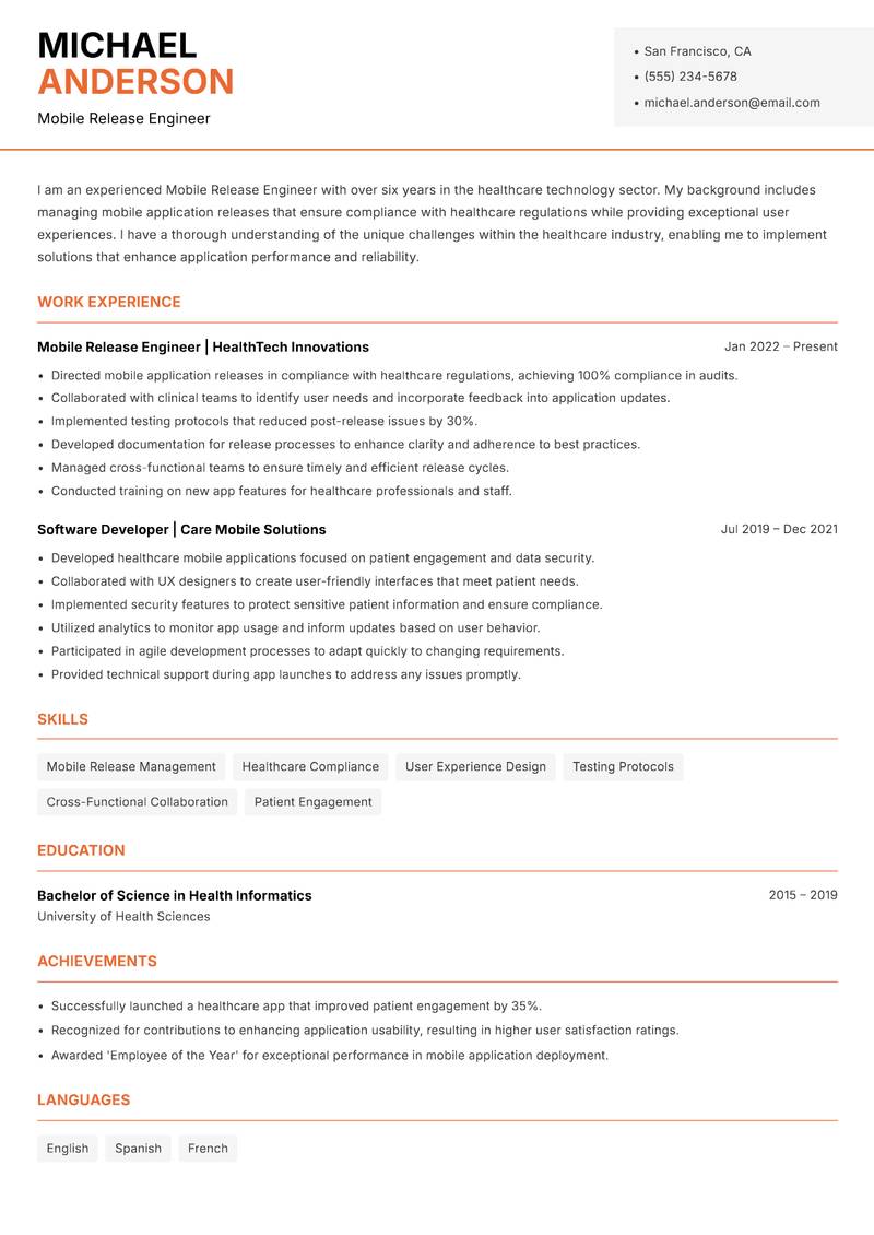 Mobile Release Engineer resume template — Modern Professional