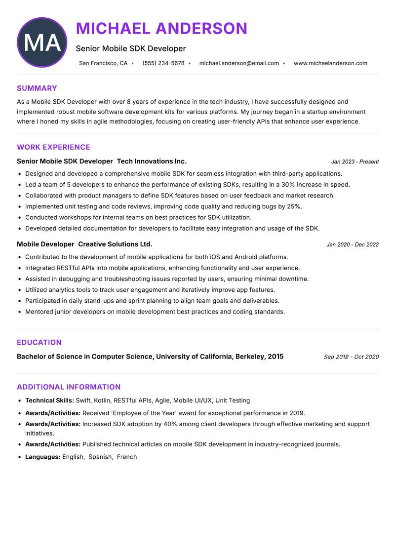 Mobile SDK Developer resume example — ATS-friendly template