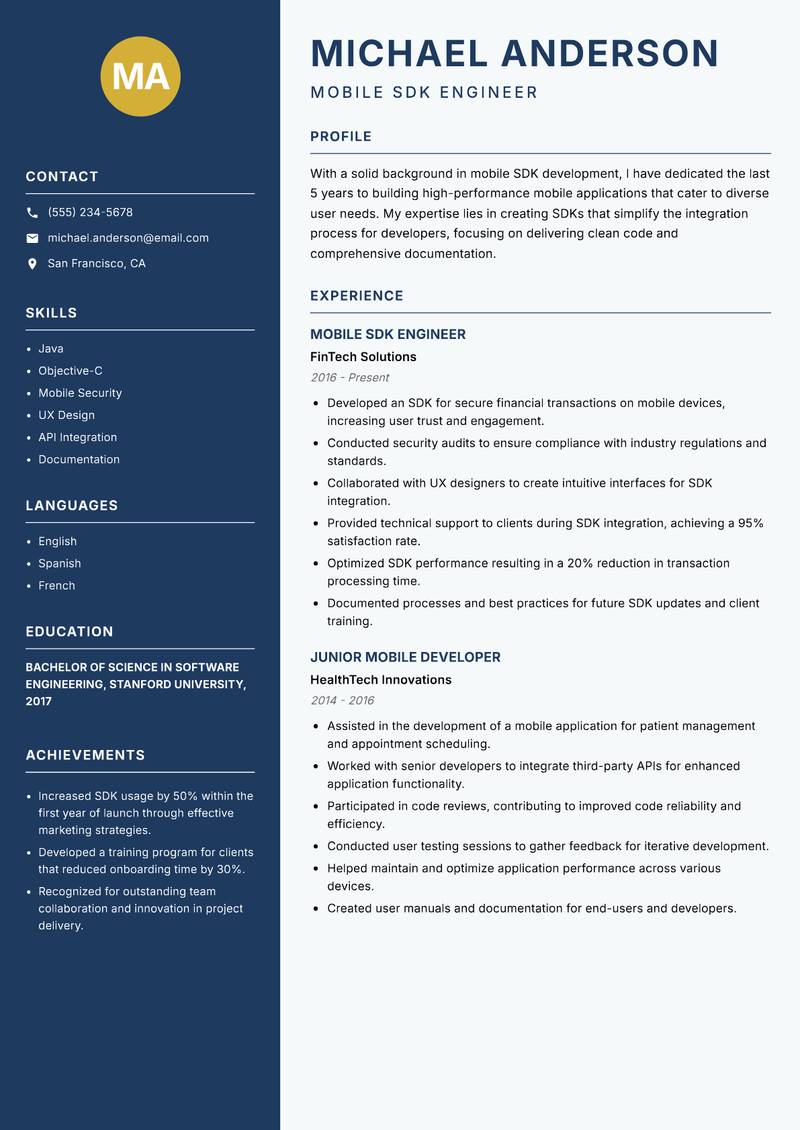 Mobile SDK Developer resume template — Classic Clean