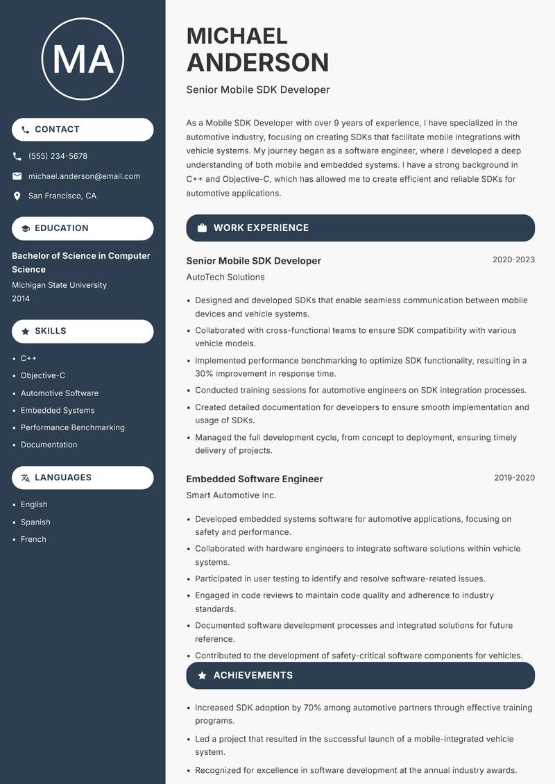 Mobile SDK Developer resume template — Compact