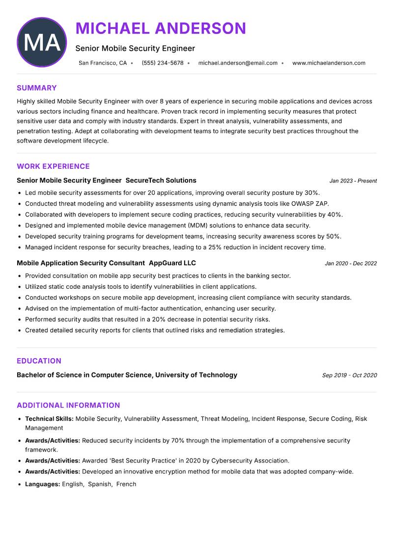 Mobile Security Engineer resume example — ATS-friendly template
