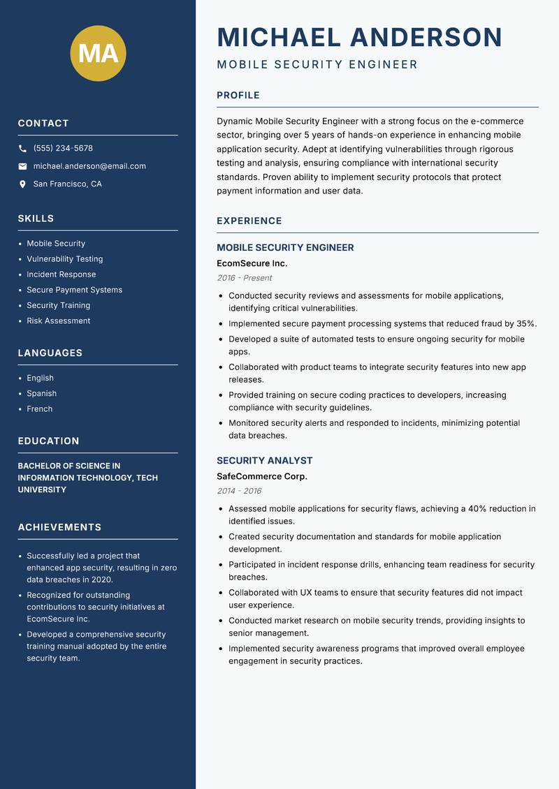 Mobile Security Engineer resume template — Classic Clean