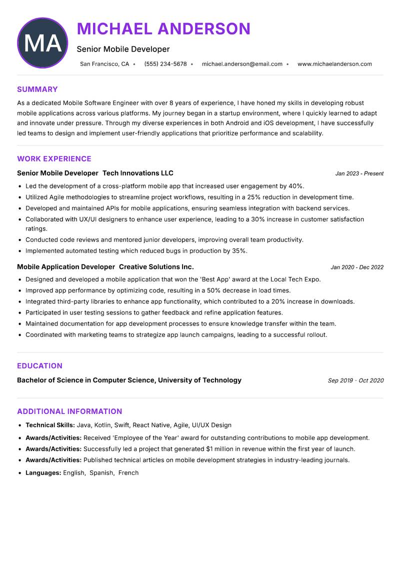 Mobile Software Engineer resume example — ATS-friendly template
